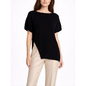 Eileen Fisher Black Organic Cotton Vertical Texture Knit Short Sleeve Sweater